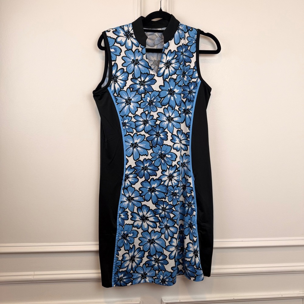 Tail Activewear Womens Blue Floral Golf Dress Sleeveless Mock Neck Pockets S